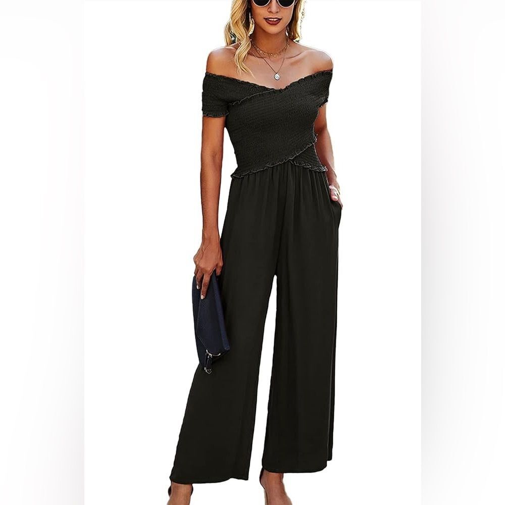 Beachsissi Black Off Shoulder Smocked Chest Wide Leg Jumpsuit Size Medium NWOT